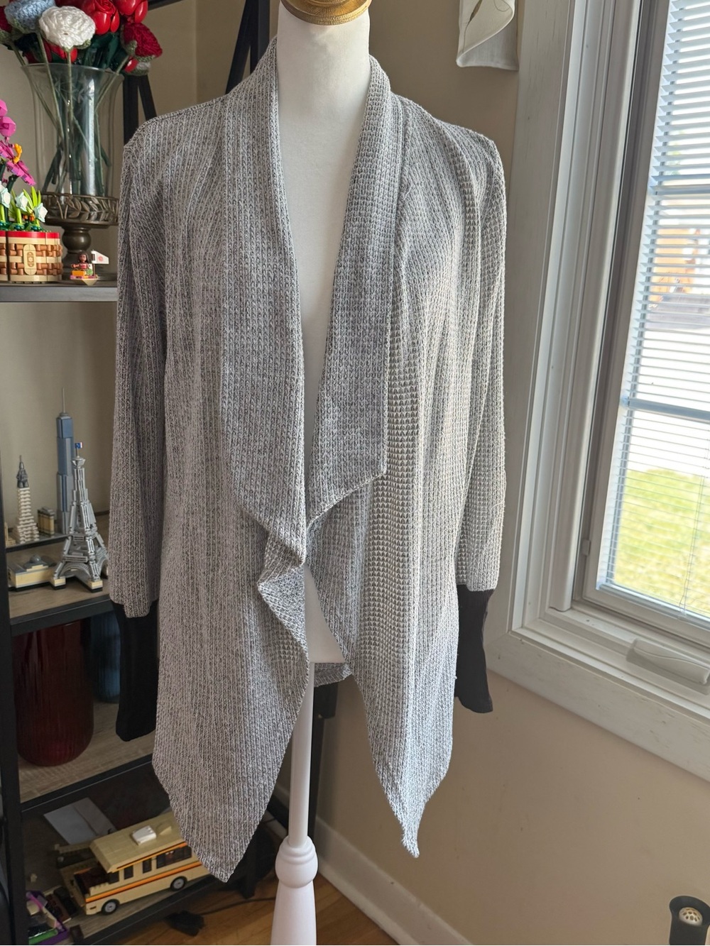 Maurices Gray Open-Front Draped Cardigan with Black Cuffs